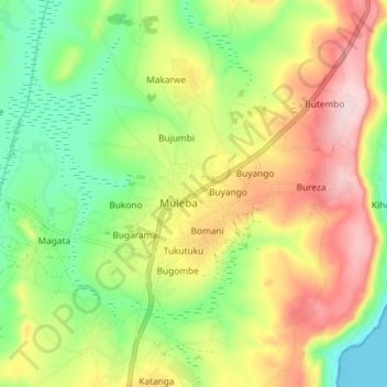Topografische kaart Muleba, hoogte, reliëf