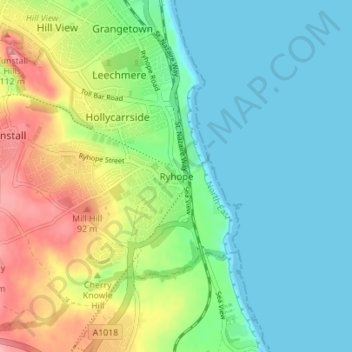 Topografische kaart Ryhope, hoogte, reliëf