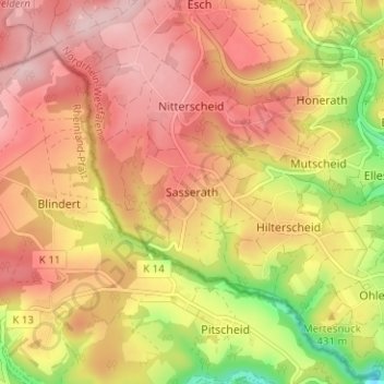 Topografische kaart Sasserath, hoogte, reliëf