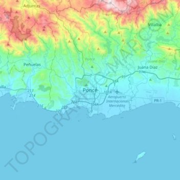 Topografische kaart Ponce, hoogte, reliëf