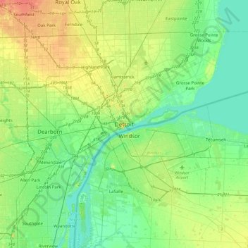 Topografische kaart Detroit, hoogte, reliëf