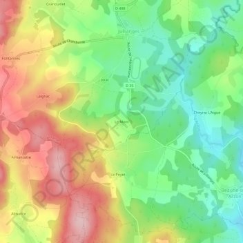 Topografische kaart Le Mont, hoogte, reliëf