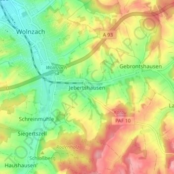Topografische kaart Jebertshausen, hoogte, reliëf