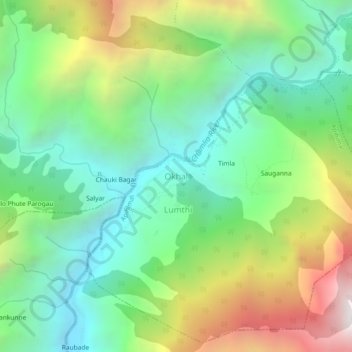 Topografische kaart Okhal, hoogte, reliëf
