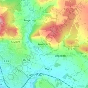 Topografische kaart Krumbach, hoogte, reliëf