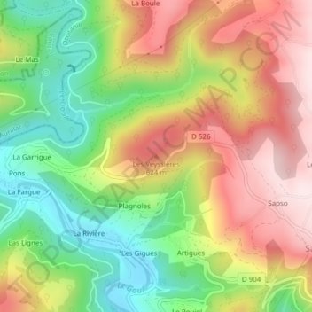 Topografische kaart Les Veyssières, hoogte, reliëf