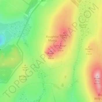 Topografische kaart Rough Tor, hoogte, reliëf