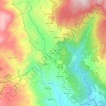 Topografische kaart Cumieira, hoogte, reliëf