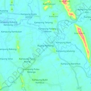 Topografische kaart Kuala Nerang, hoogte, reliëf