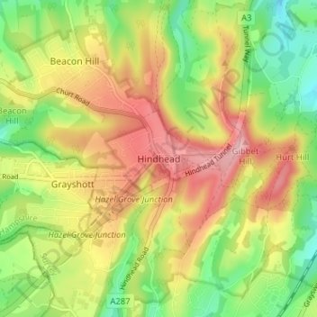 Topografische kaart Hindhead, hoogte, reliëf