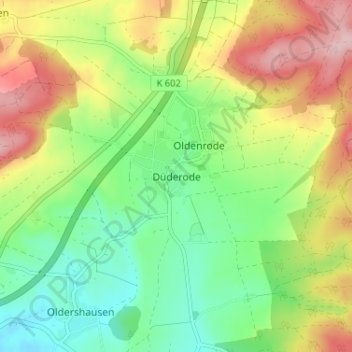 Topografische kaart Düderode, hoogte, reliëf