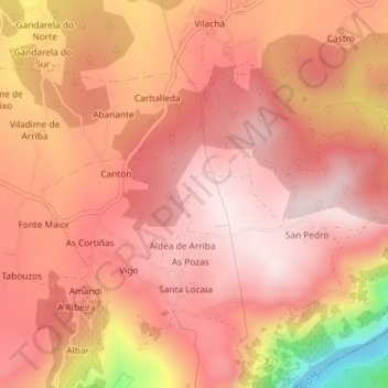 Topografische kaart Coto Sobreiro, hoogte, reliëf