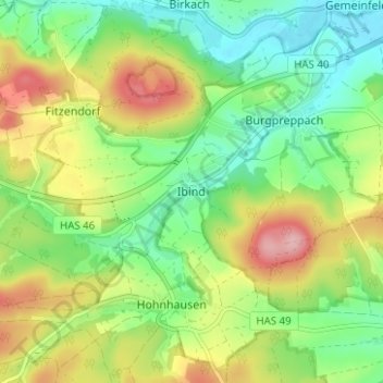 Topografische kaart Ibind, hoogte, reliëf