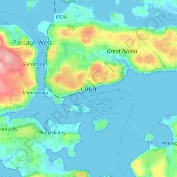 Topografische kaart Cobh, hoogte, reliëf