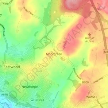 Topografische kaart Moorgreen, hoogte, reliëf