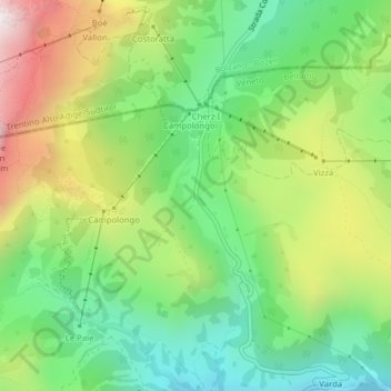 Topografische kaart Passo Campolongo, hoogte, reliëf