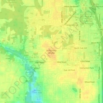 Topografische kaart Jacksonville Heights, hoogte, reliëf
