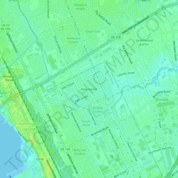 Topografische kaart Newmarket, hoogte, reliëf