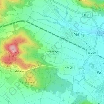 Topografische kaart Rittershof, hoogte, reliëf