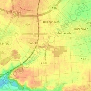 Topografische kaart Wahnenbusch, hoogte, reliëf
