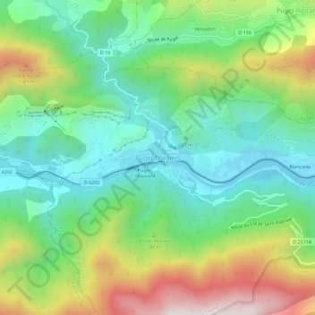Topografische kaart Puget-Théniers, hoogte, reliëf