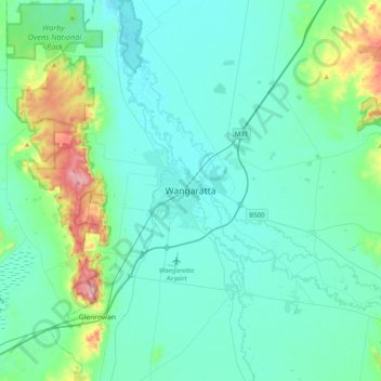 Topografische kaart Wangaratta, hoogte, reliëf
