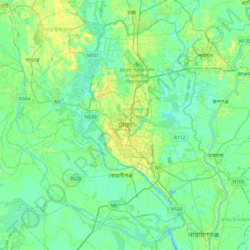 Topografische kaart Dhaka, hoogte, reliëf