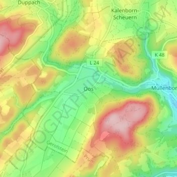 Topografische kaart Oos, hoogte, reliëf