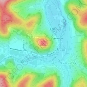 Topografische kaart Breuberg, hoogte, reliëf