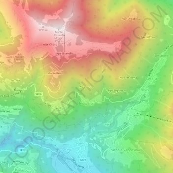 Topografische kaart Alpe Corina, hoogte, reliëf