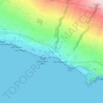 Topografische kaart Anse les Bas, hoogte, reliëf