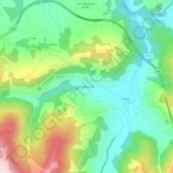 Topografische kaart Brañaverniz, hoogte, reliëf