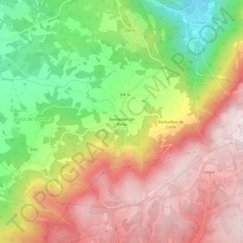Topografische kaart Barbadães de Baixo, hoogte, reliëf