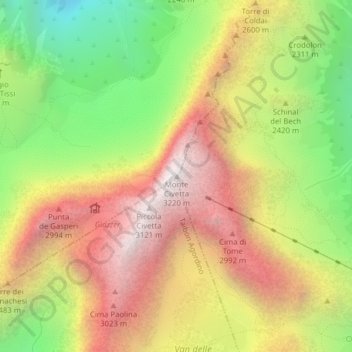 Topografische kaart Monte Civetta, hoogte, reliëf