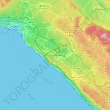 Topografische kaart Aurisina, hoogte, reliëf