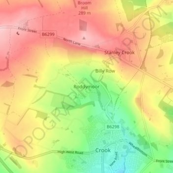 Topografische kaart Roddymoor, hoogte, reliëf