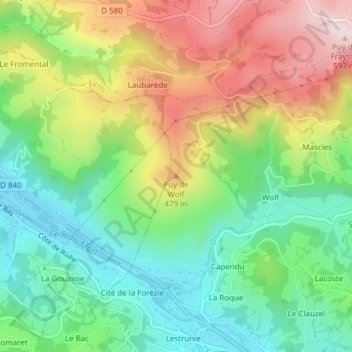 Topografische kaart Puy de Wolf, hoogte, reliëf