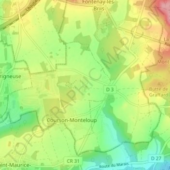 Topografische kaart Courson, hoogte, reliëf