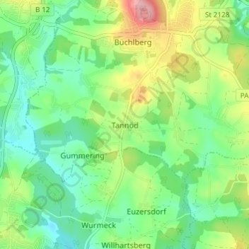 Topografische kaart Tannöd, hoogte, reliëf