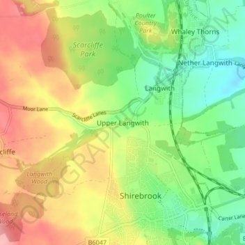 Topografische kaart Upper Langwith, hoogte, reliëf