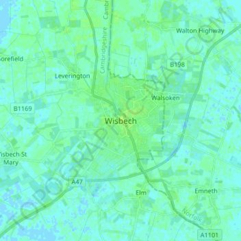 Topografische kaart Wisbech, hoogte, reliëf