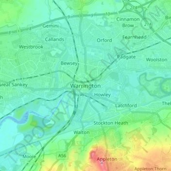 Topografische kaart Warrington, hoogte, reliëf