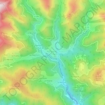 Topografische kaart Antraigues-sur-Volane, hoogte, reliëf
