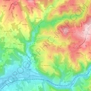 Topografische kaart Le Mas, hoogte, reliëf