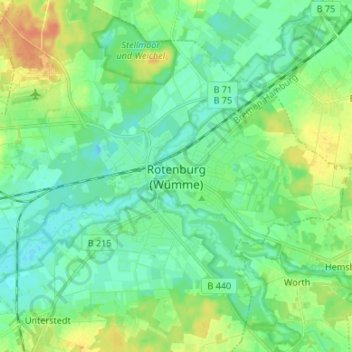 Topografische kaart Rotenburg (Wümme), hoogte, reliëf