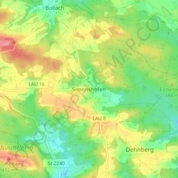 Topografische kaart Simonshofen, hoogte, reliëf