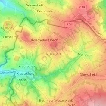 Topografische kaart Jungeroth, hoogte, reliëf