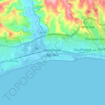 Topografische kaart Shoreham-by-Sea, hoogte, reliëf