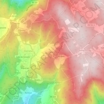 Topografische kaart Zibreiros, hoogte, reliëf