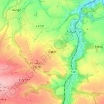 Topografische kaart Miltitz, hoogte, reliëf